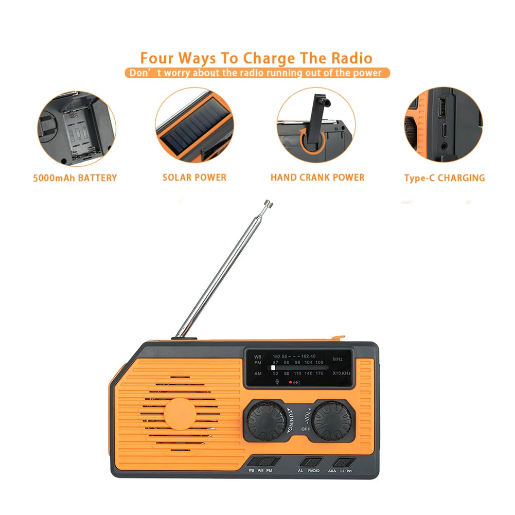 Hand Crank Solar Radio with AM FM NOAA Weather Bands LED Flashlight & Power Bank for Camping & Hiking
