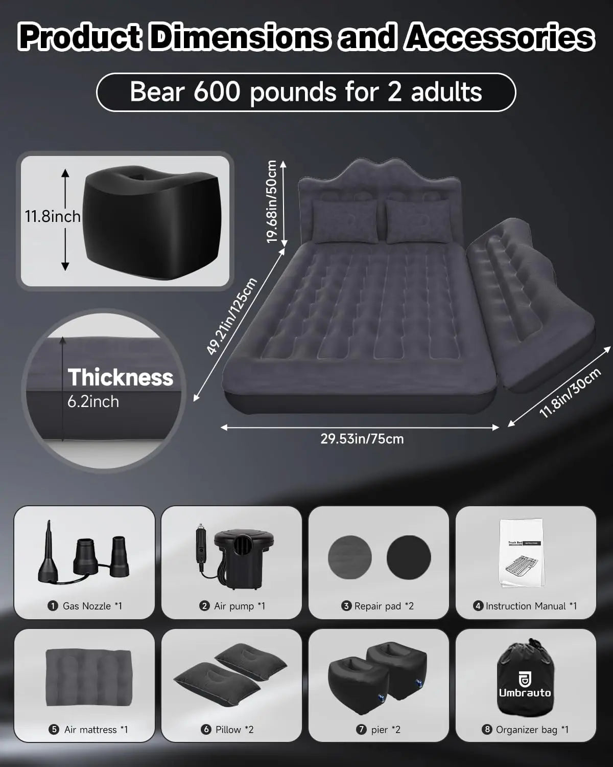 Inflatable SUV and Truck Air Mattress with 2 Pillows