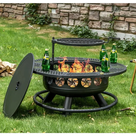 36 Inch Fire Pit with Cooking Grill, Outdoor Wood Burning BBQ Firepit with Lid, 3-in-1 Outdoor Fire Pit