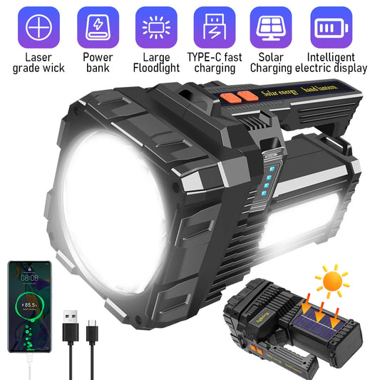 Solar Rechargeable High Power LED Flashlight Waterproof Outdoor Camping Lamp