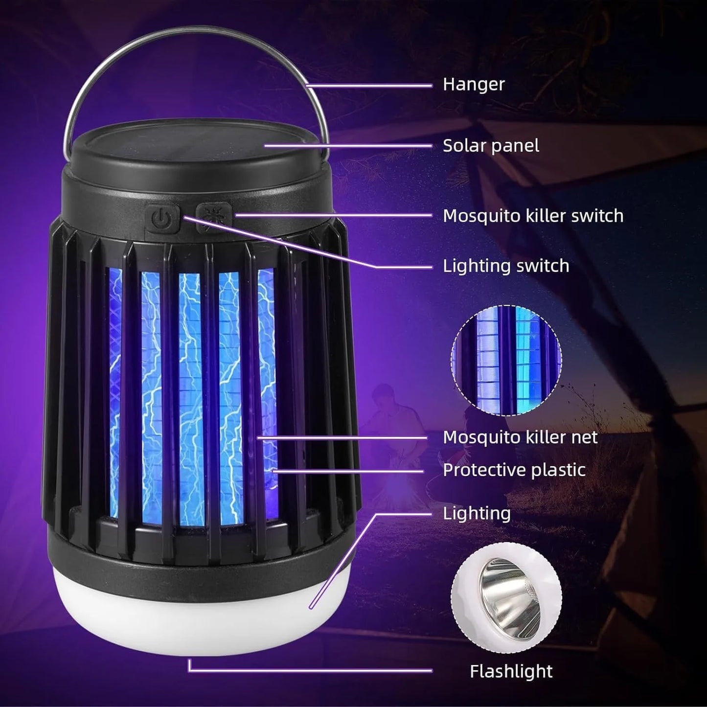 Cordless Solar Bug Zapper and Camping Light 3 in 1 2 Pieces Set