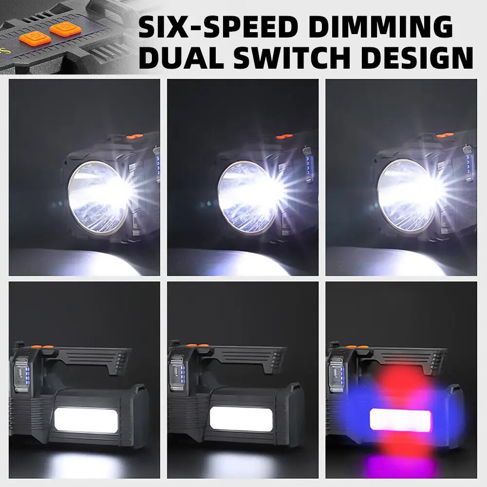 High-Power LED Flashlight with Solar Rechargeable COB Work Light & Type-C Fast Charging
