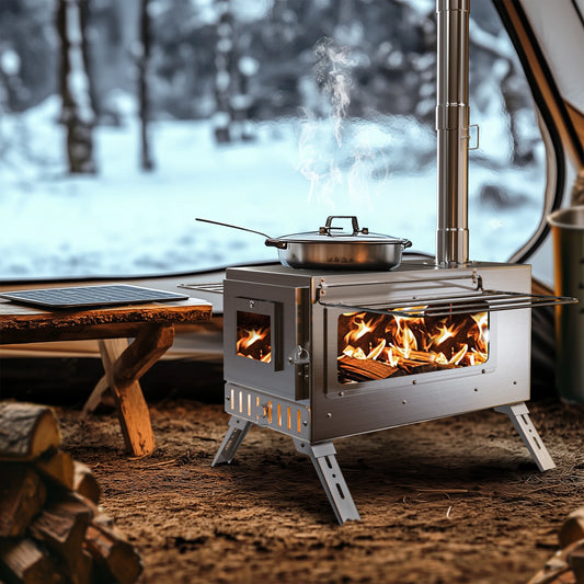 Portable Stainless Steel Wood Burning Tent Stove with 7 Chimney Pipes for Outdoor Heating