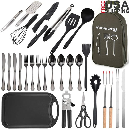 30 Piece Camping Cooking Utensils Set Portable Stainless Steel Silicone Kitchen Gear BBQ Travel Accessories