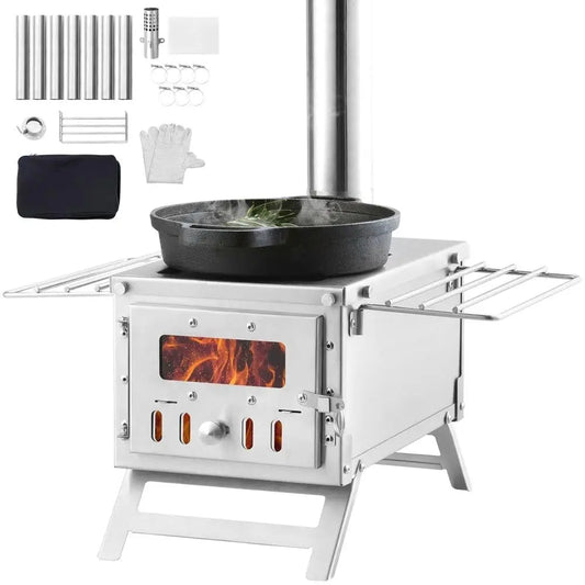 Stainless Steel Portable Wood Stove with Chimney for Outdoor Cooking and Heating