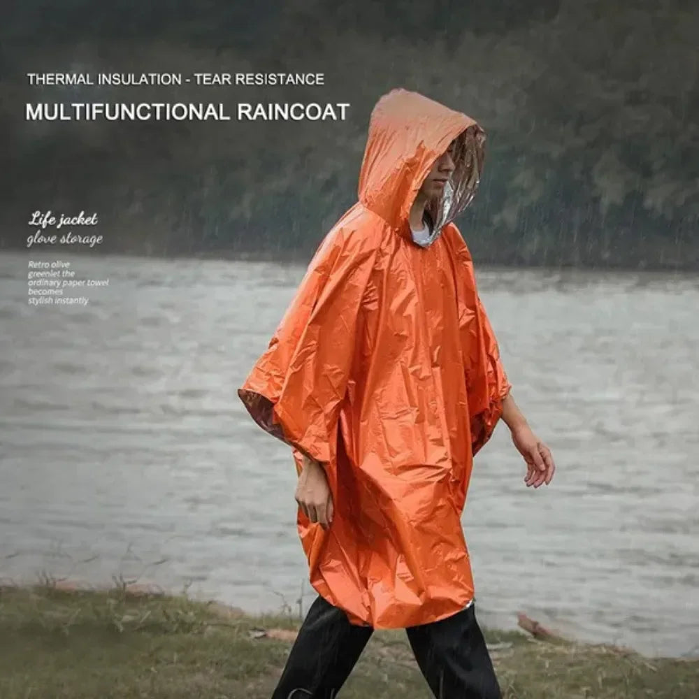 Reversible Emergency Waterproof Poncho with Reflective Thermal Blanket for Outdoor Survival