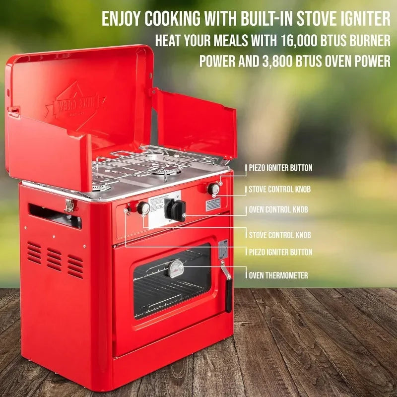 Outdoor Gas Camping Oven w/Carry Bag | CSA Approved Portable Propane-Powered 2-Burner Stove & Oven | Auto Ignition