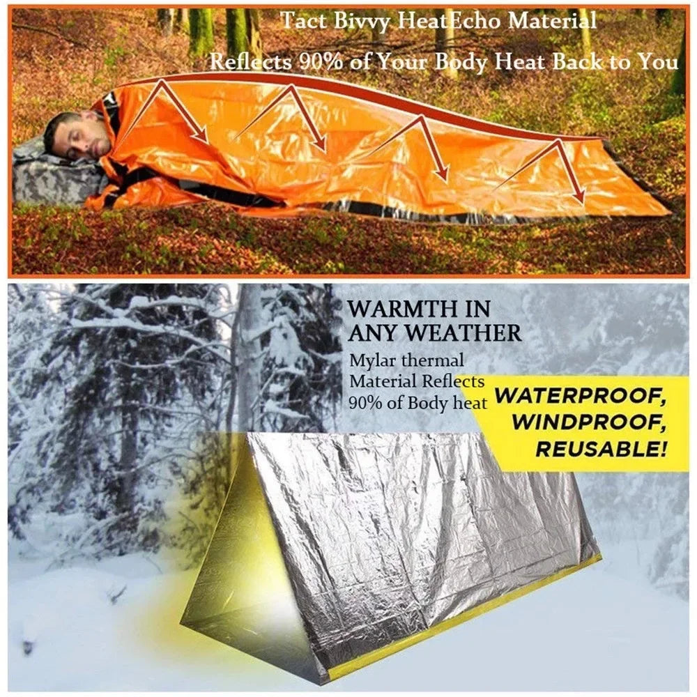 Portable Waterproof Emergency Survival Sleeping Bag Thermal Bivy Sack Mylar Blanket Kit