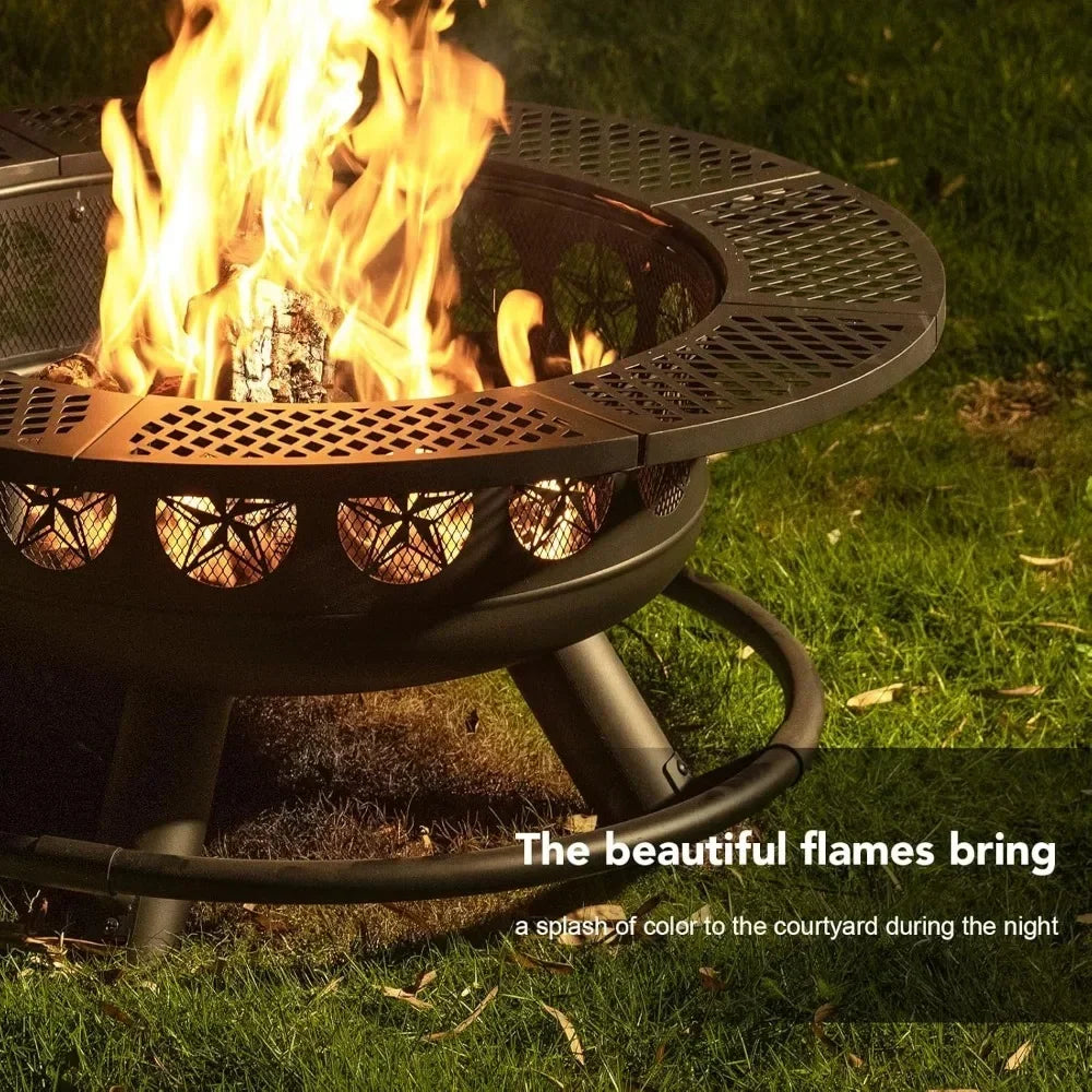 36 Inch Fire Pit with Cooking Grill, Outdoor Wood Burning BBQ Firepit with Lid, 3-in-1 Outdoor Fire Pit