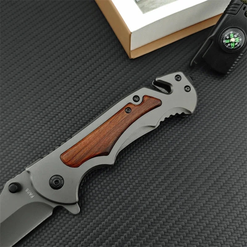 Folding Knife Stainless Steel with Wood Handle for Camping, Hiking & Survival