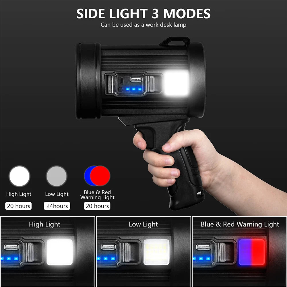 Handheld LED Searchlight with USB and Solar Charging