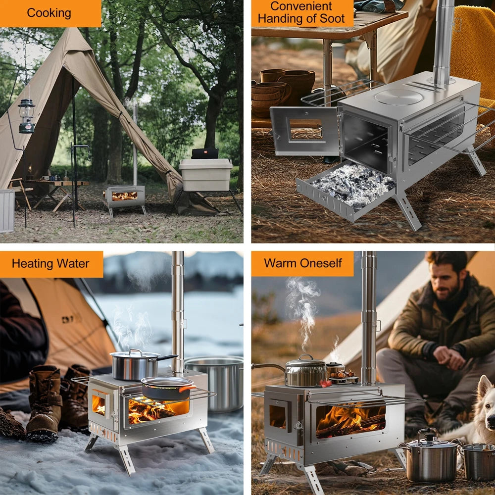 Portable Stainless Steel Wood Burning Tent Stove with 7 Chimney Pipes for Outdoor Heating & Cooking