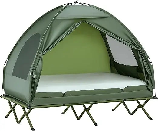2-Person Tent Cot, 4-in-1 Folding Tent Combo with Air Mattress, Foot Pump, Carry Bag, Off Ground Travel Cot for Camping, Hiking