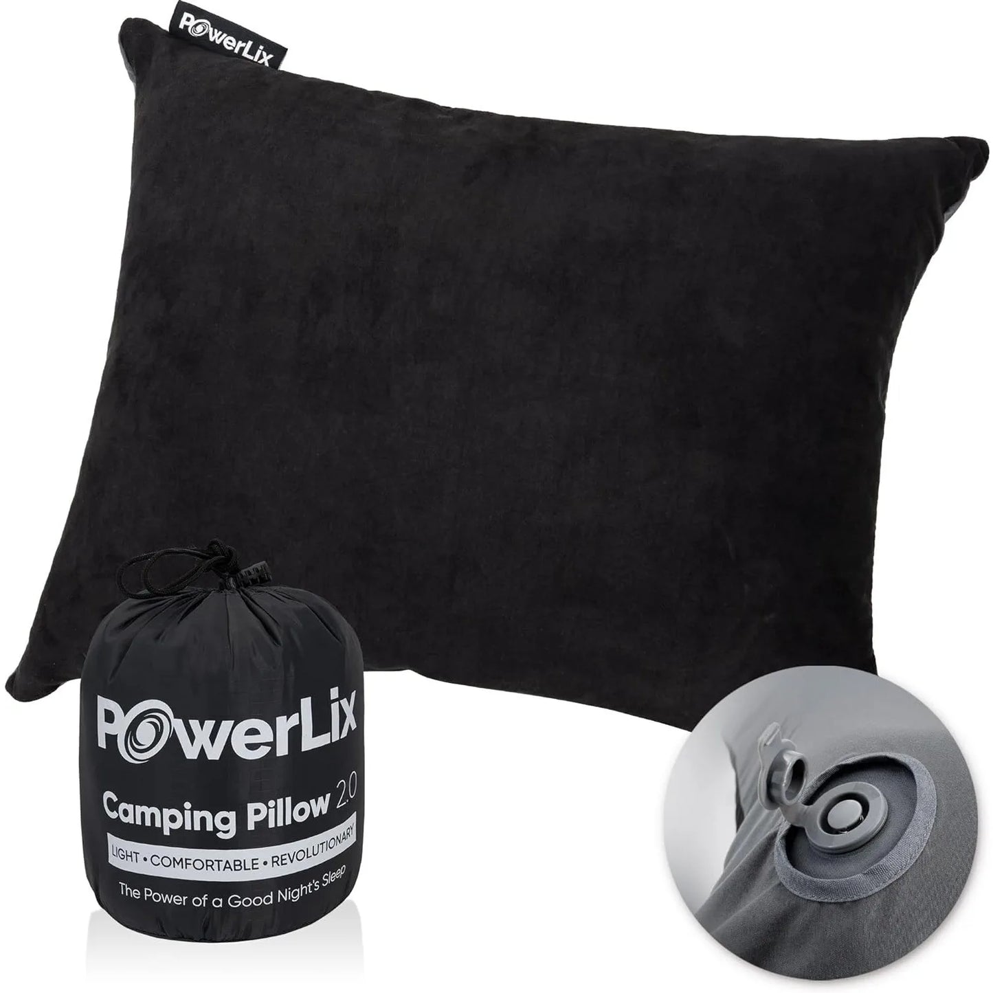 POWERLIX Camping Pillow – Memory Foam & Inflatable Travel Pillow for Side & Stomach Sleepers