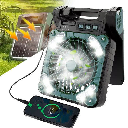 Solar Rechargeable Camping Fan with Light 9 Inch