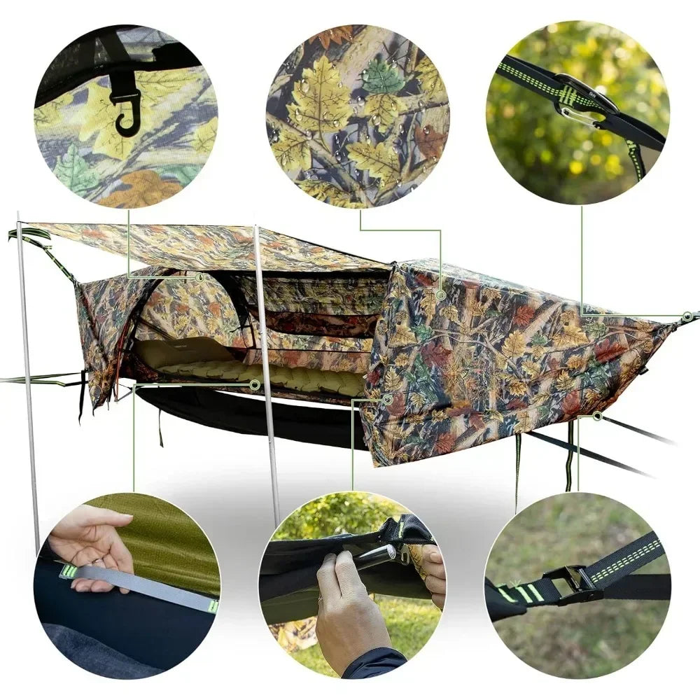 1 Person Flat Lay Camping Hammock Tent with Mosquito Net & Waterproof Rainfly