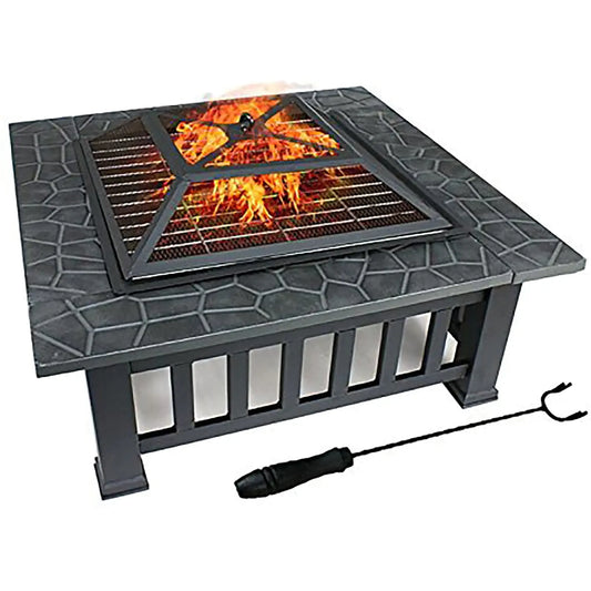 32" Outdoor Fire Pit Square Metal Wood Burning Firepit