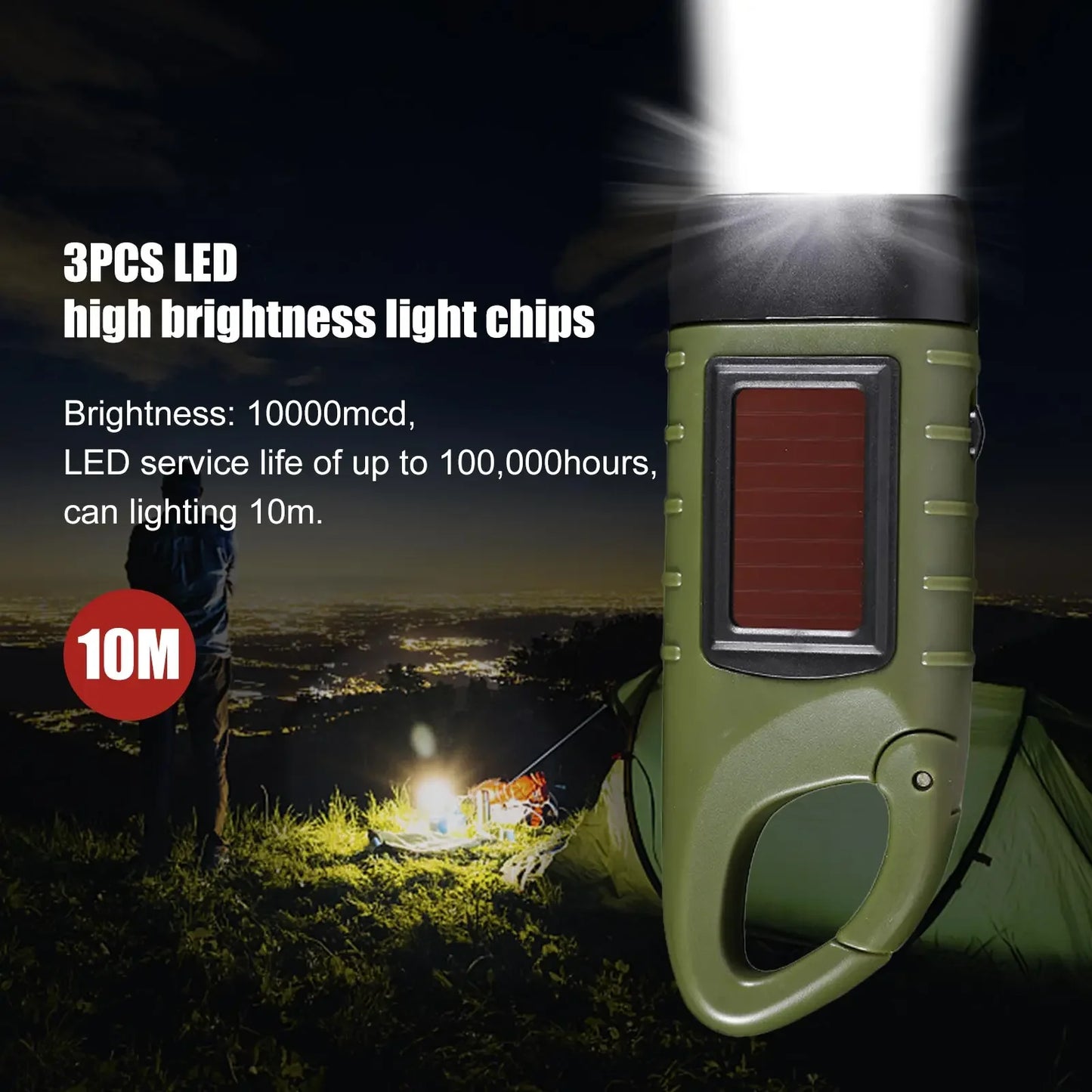 Mini Hand Crank Solar Flashlight with Carabiner Clip