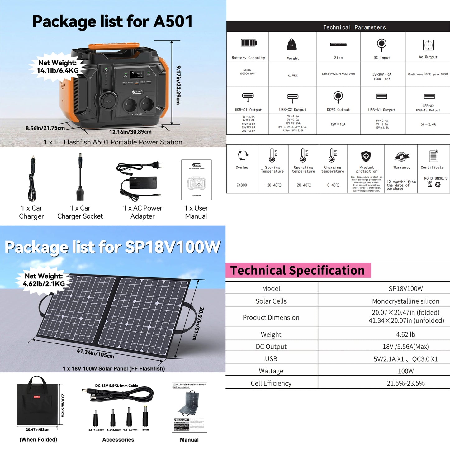 FlashFish A501 Portable Power Station 540Wh with 100W Solar Panel Kit