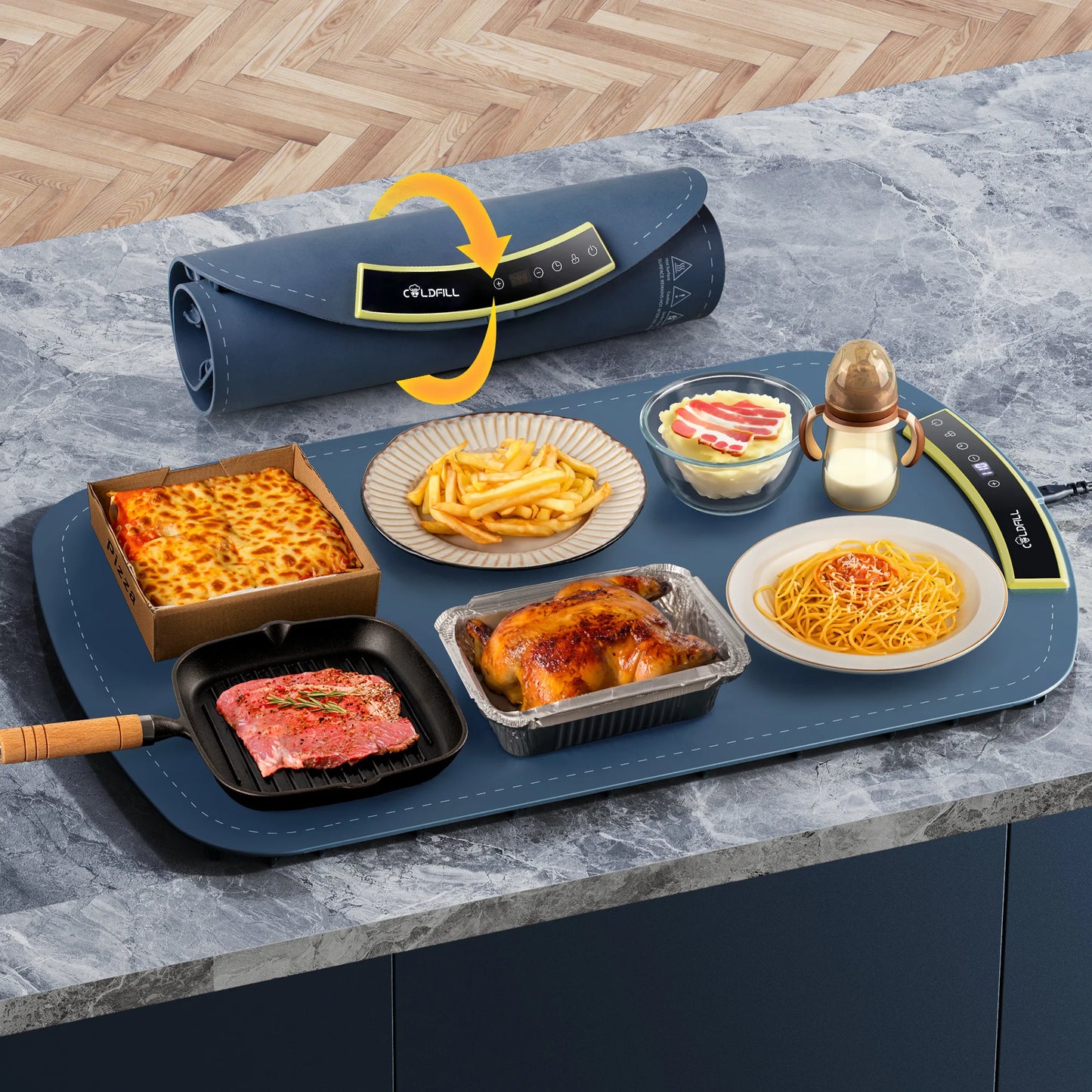 Electric Food Warming Tray with 8 Temp Settings & Foldable Heat Mat