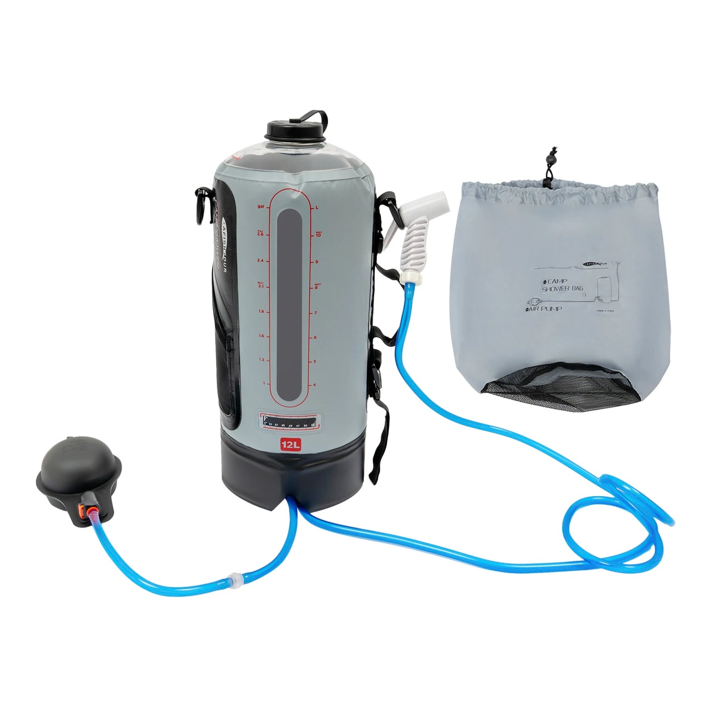 Camping Solar Shower with Pump 3 Gallon 12L Portable Shower Bag with Detachable Hose & Shower Head