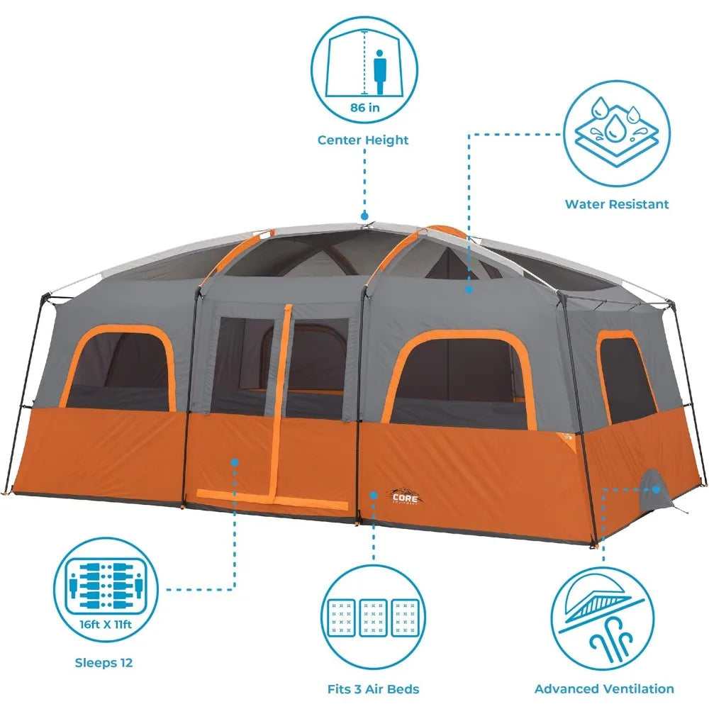 Tent for Family Camping. 10-12 Person Large Multi Room Cabin Tent