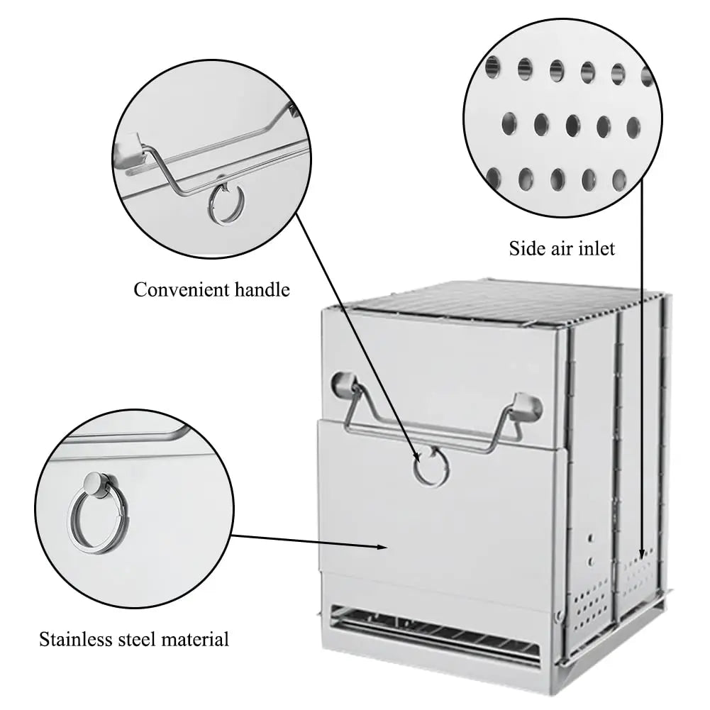 Collapsible Stainless Steel Wood Burning Rocket Stove with Grill