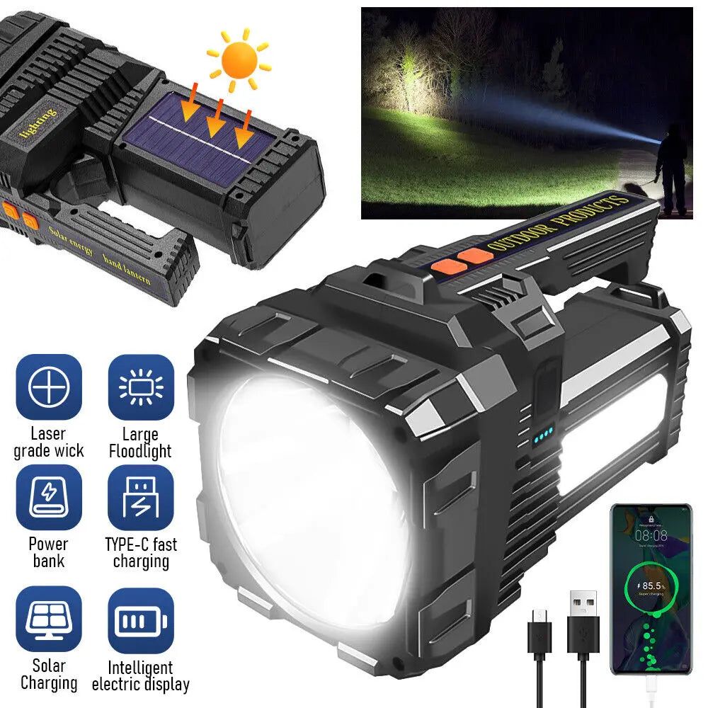 High-Power LED Flashlight with Solar Rechargeable COB Work Light & Type-C Fast Charging