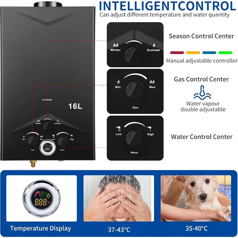 Portable Outdoor Gas Water Heater with Digital Display, Instant Hot Water