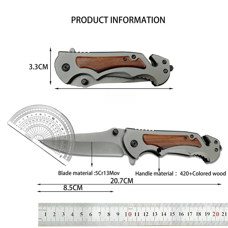 Folding Knife Stainless Steel with Wood Handle for Camping, Hiking & Survival