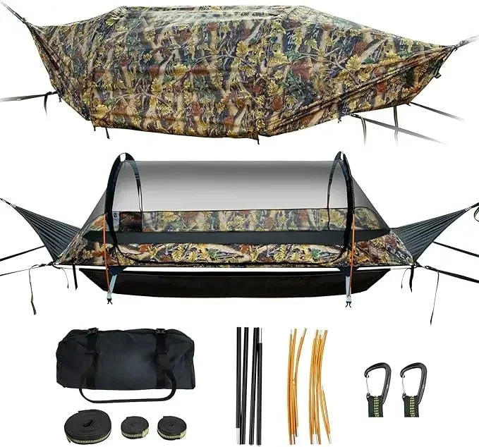 1 Person Flat Lay Camping Hammock Tent with Mosquito Net & Waterproof Rainfly