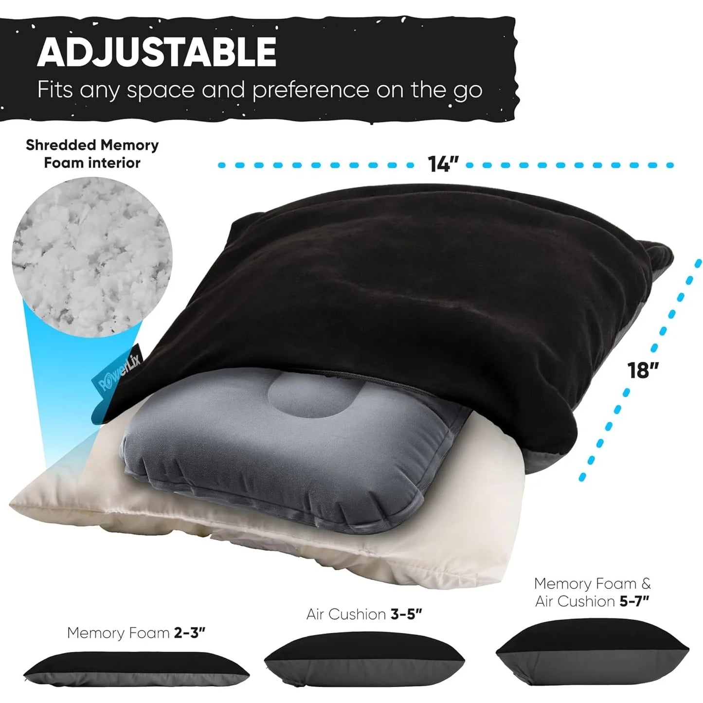 POWERLIX Camping Pillow – Memory Foam & Inflatable Travel Pillow for Side & Stomach Sleepers