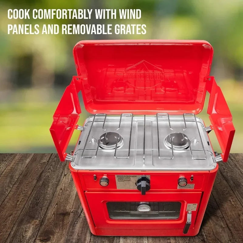 Outdoor Gas Camping Oven w/Carry Bag | CSA Approved Portable Propane-Powered 2-Burner Stove & Oven | Auto Ignition