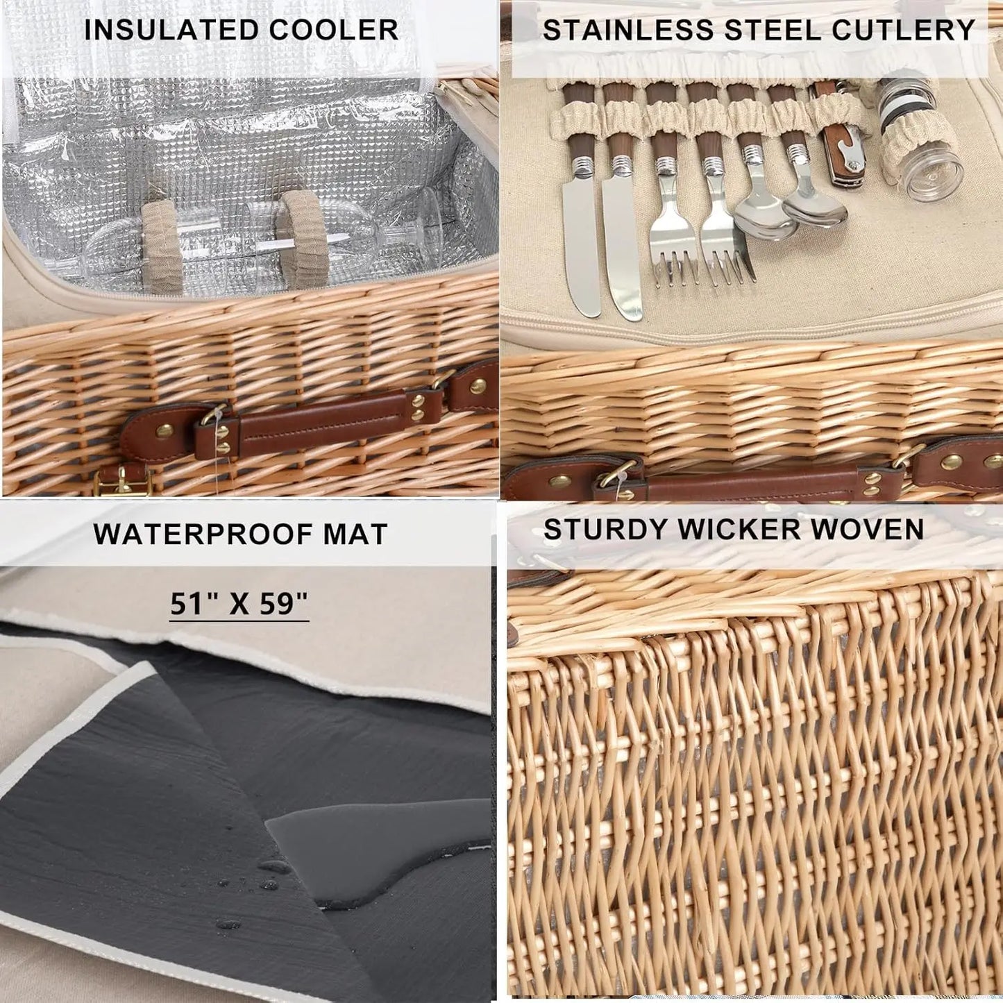Multifunctional Wicker Picnic Basket Set for 2 with Blanket and Table
