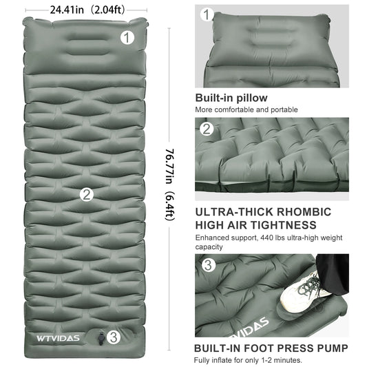 Oversized Inflatable Camping Sleeping Pad with Pillow and Built In Pump