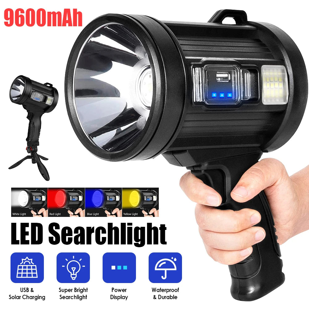 Handheld LED Searchlight with USB and Solar Charging