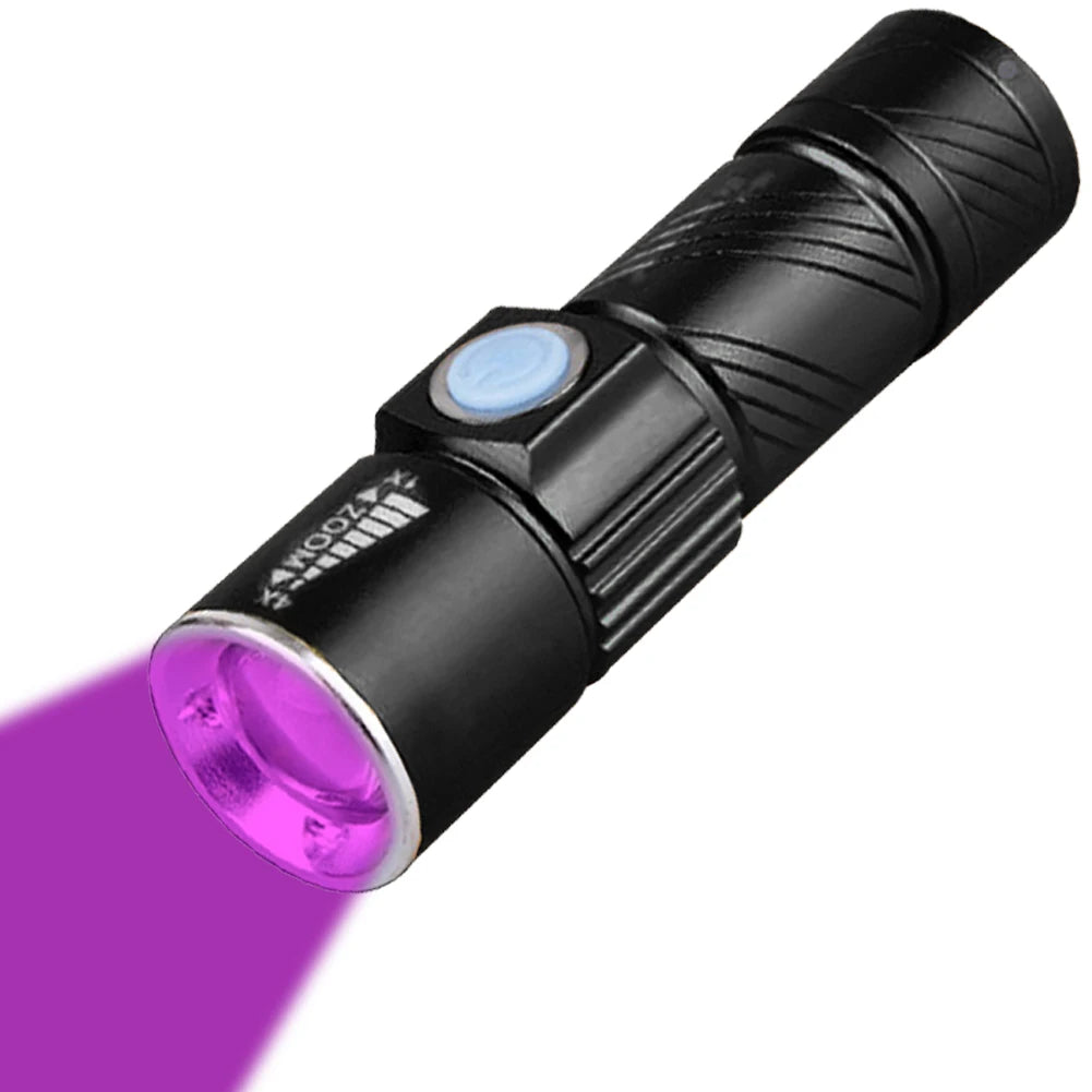 Mini 365nm UV Flashlight USB Rechargeable Blacklight for Pet Stains & Money Detection