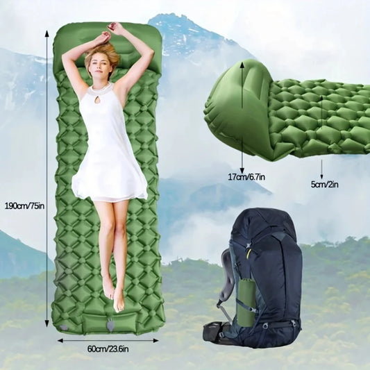 Outdoor Camping Inflatable Sleeping Mat with Built-In Pillow