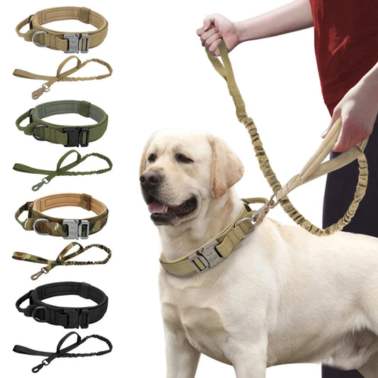 Strong Military Dog Collar with Handle & Durable Bungee Leash