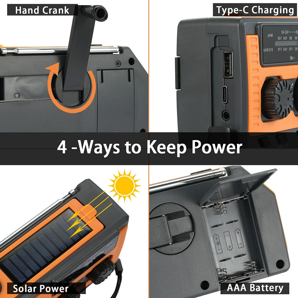 Hand Crank Solar Radio with AM FM NOAA Weather Bands LED Flashlight & Power Bank for Camping & Hiking