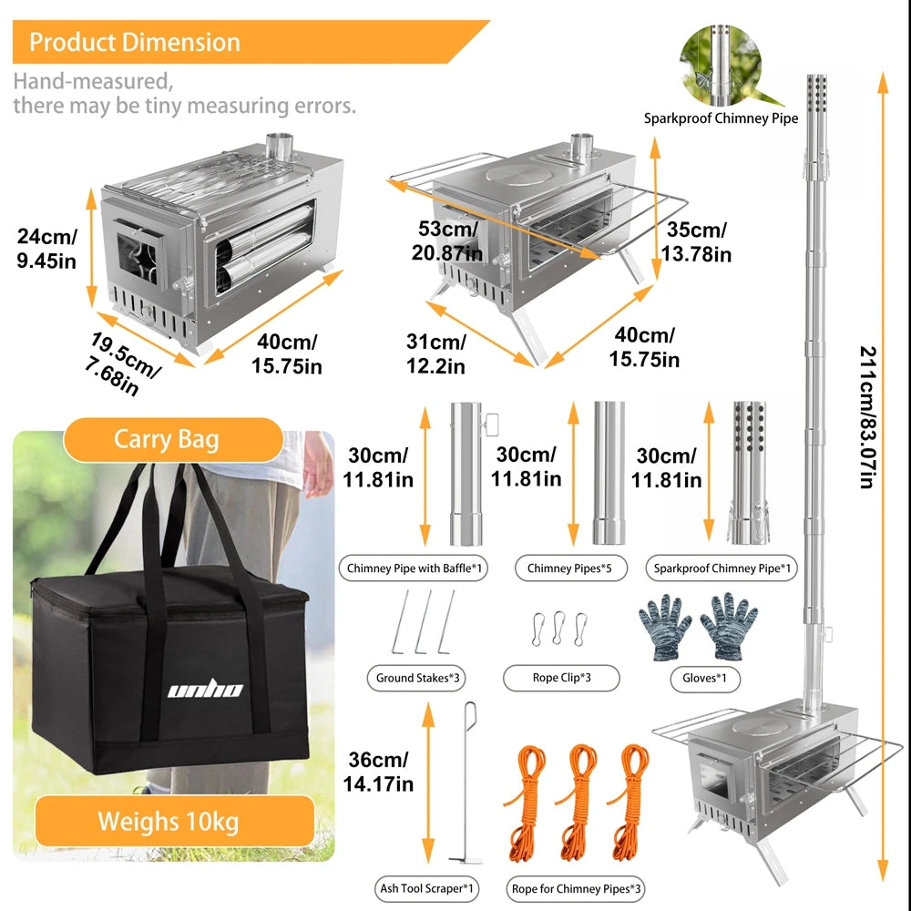 Portable Stainless Steel Wood Burning Tent Stove with 7 Chimney Pipes for Outdoor Heating & Cooking