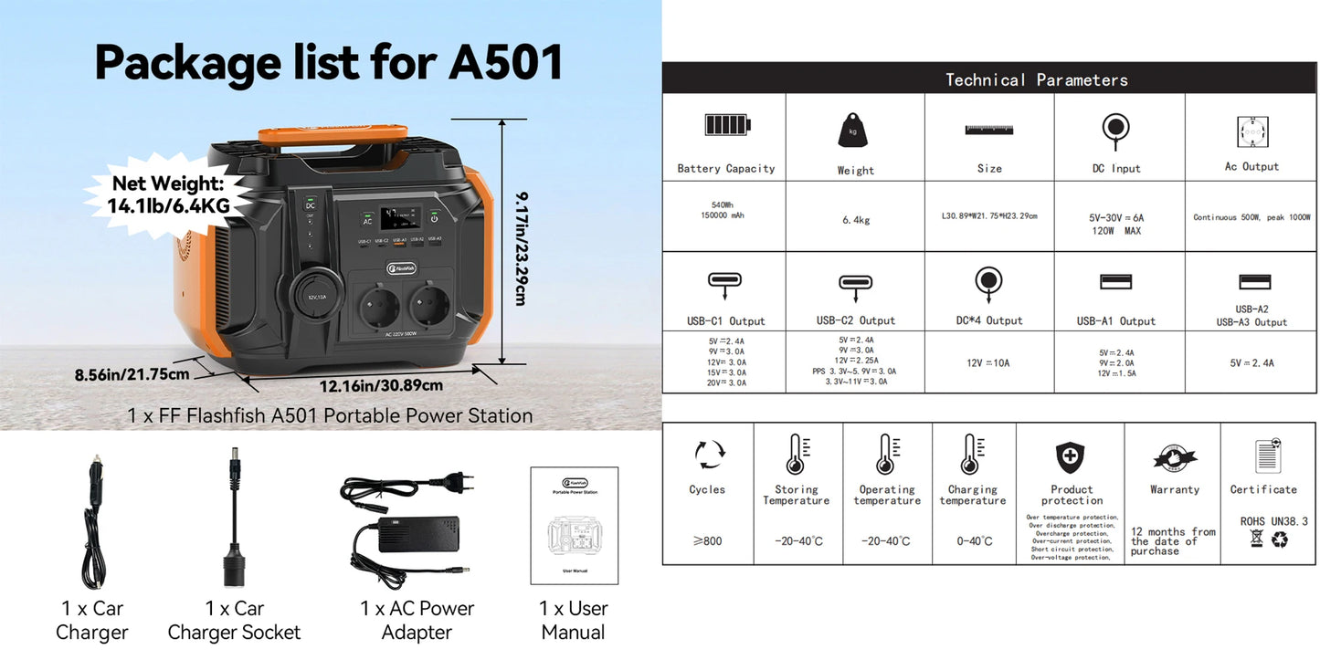 FlashFish A501 Portable Power Station 540Wh with 100W Solar Panel Kit