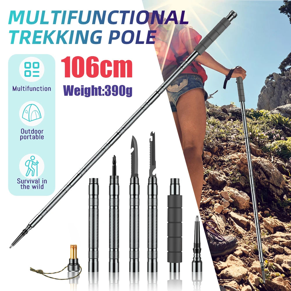 Collapsible Multifunction Trekking Pole for Hiking & Climbing with Tools