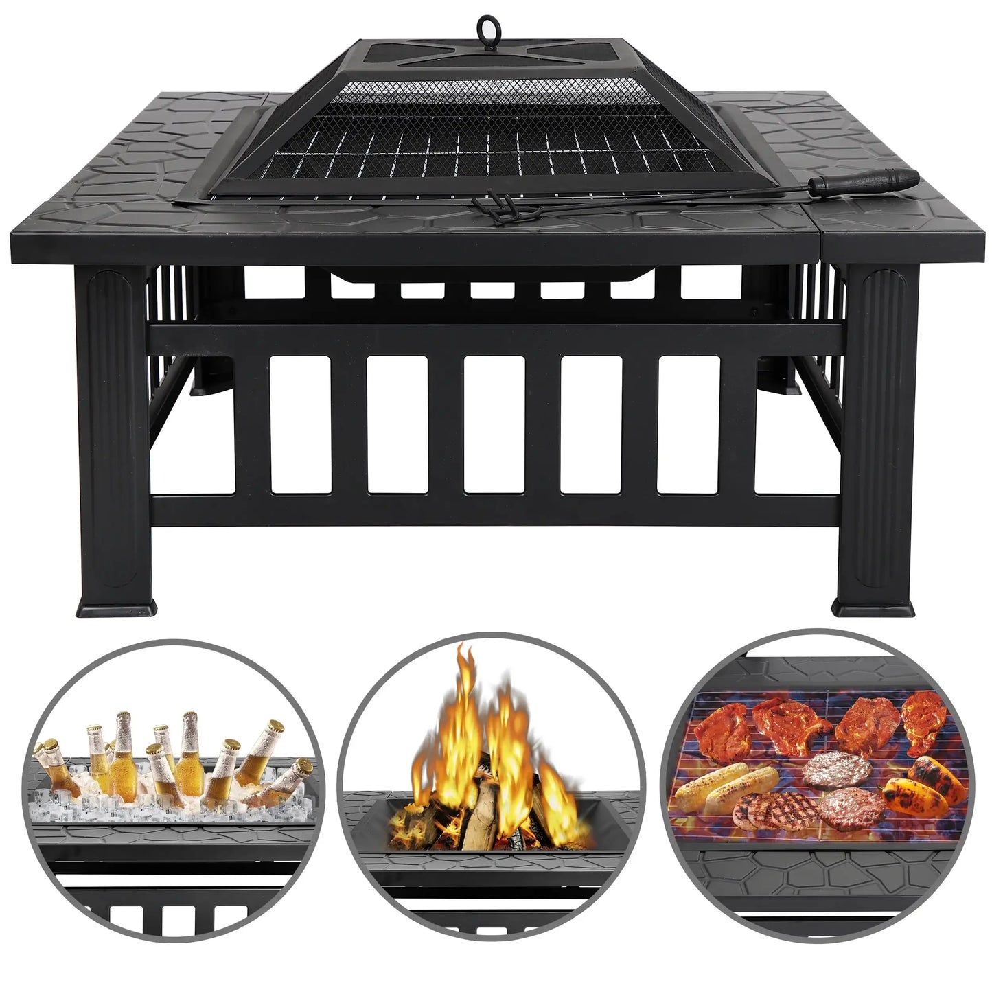 32" Outdoor Fire Pit Square Metal Wood Burning Firepit