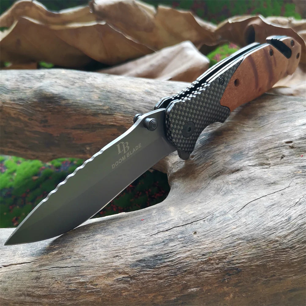 Folding Camping Knife with Wood Handle for Outdoor Use