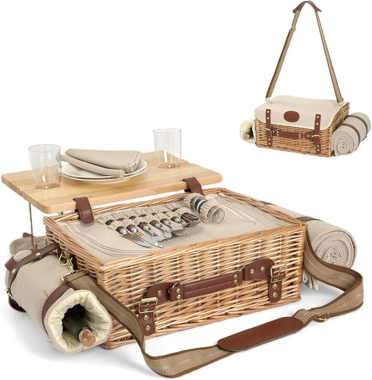 Multifunctional Wicker Picnic Basket Set for 2 with Blanket and Table
