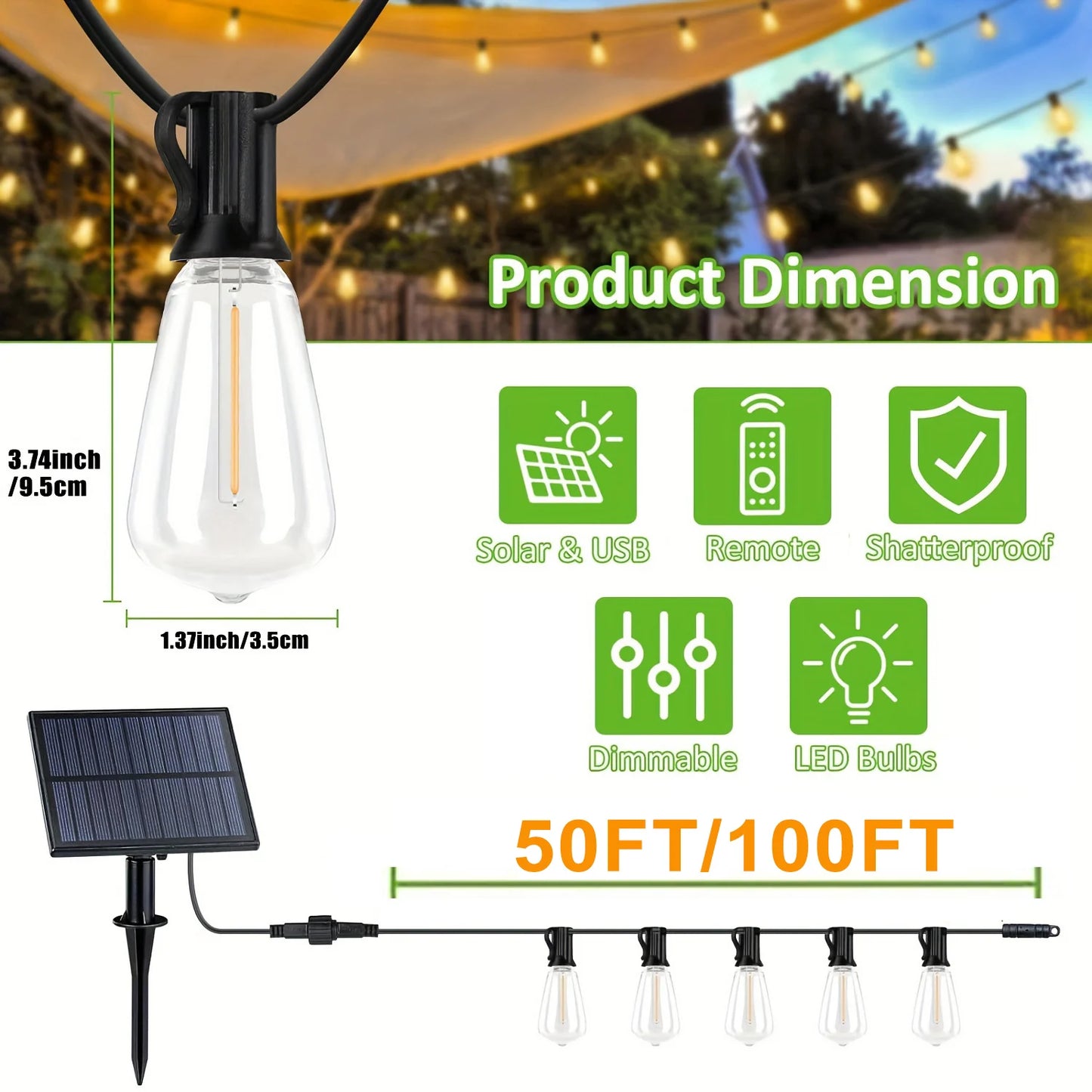 Remote Dimmable Solar String Lights for Outdoor & Patio