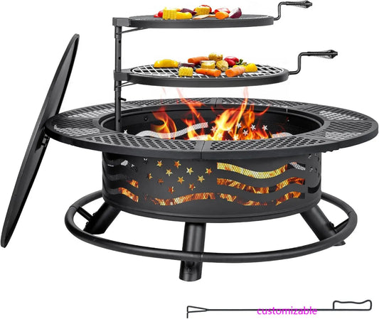 42 Inch Outdoor Fire Pit Grill with Cooking Grates and Lid