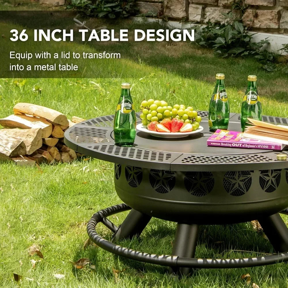 36 Inch Fire Pit with Cooking Grill, Outdoor Wood Burning BBQ Firepit with Lid, 3-in-1 Outdoor Fire Pit