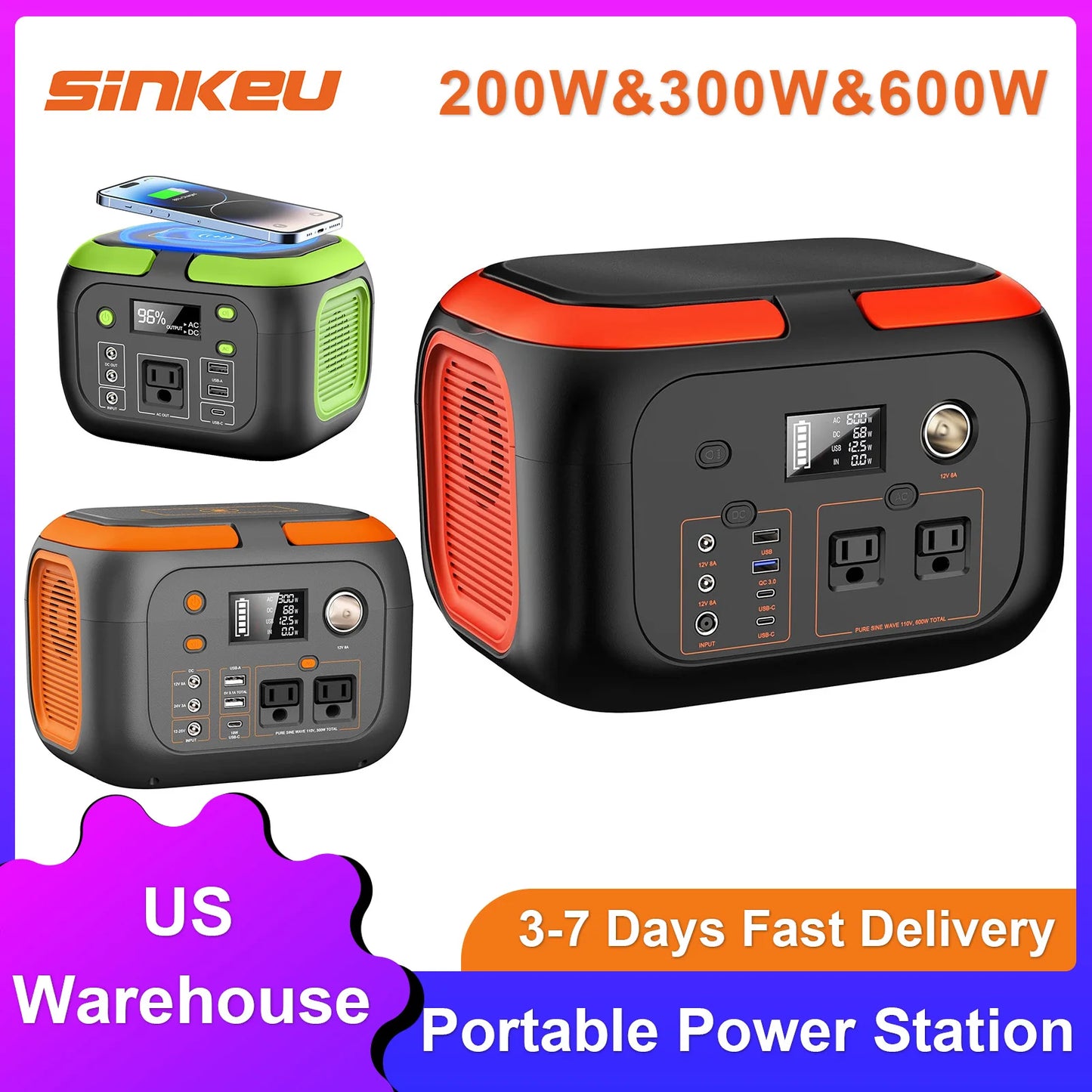 Portable Power Station 600W 300W 200W Solar Generator with 110V AC Outlets for Camping